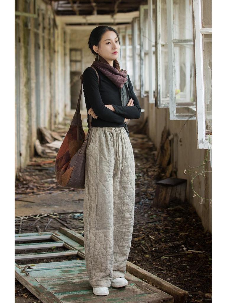 Женские зимние стеганые брюки из хлопка с эффектом тай-дай - эластичный пояс, теплая и плотная смесь рами