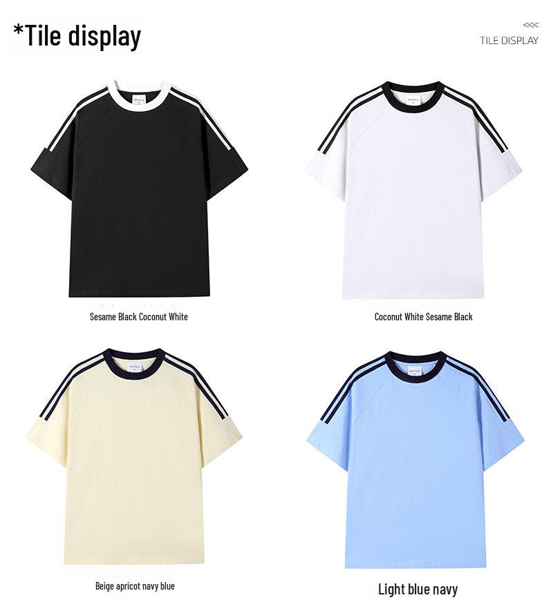 Футболка унисекс из плотного хлопка, однотонная, в американском спортивном стиле, с коротким рукавом и лентой из трех полос, летняя одежда