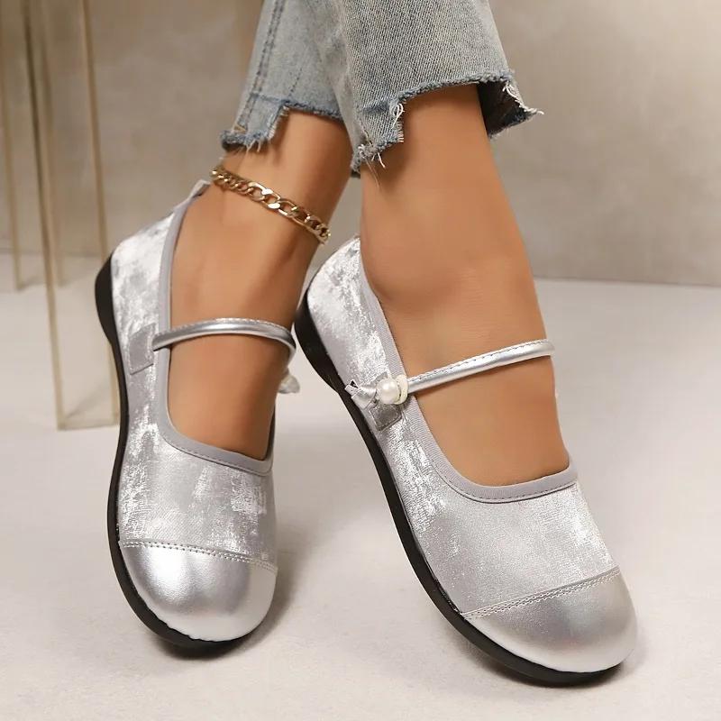 Новые женские туфли с пряжкой на ремешке, женские туфли на высоком каблуке, модные, неглубокие, для улицы, большие размеры, с круглым носком, плоские, низкие каблуки, Mujer