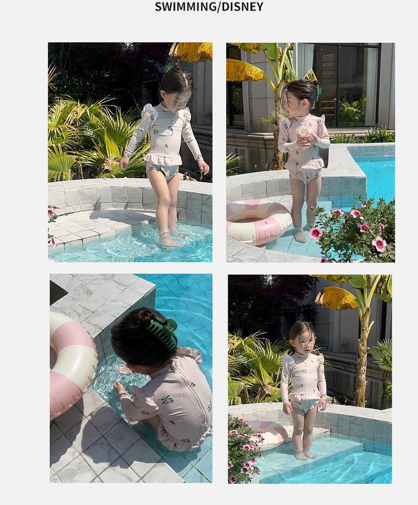 Girls' Cherry Blossom Lace Long Sleeve Swimsuit - Summer Princess Design