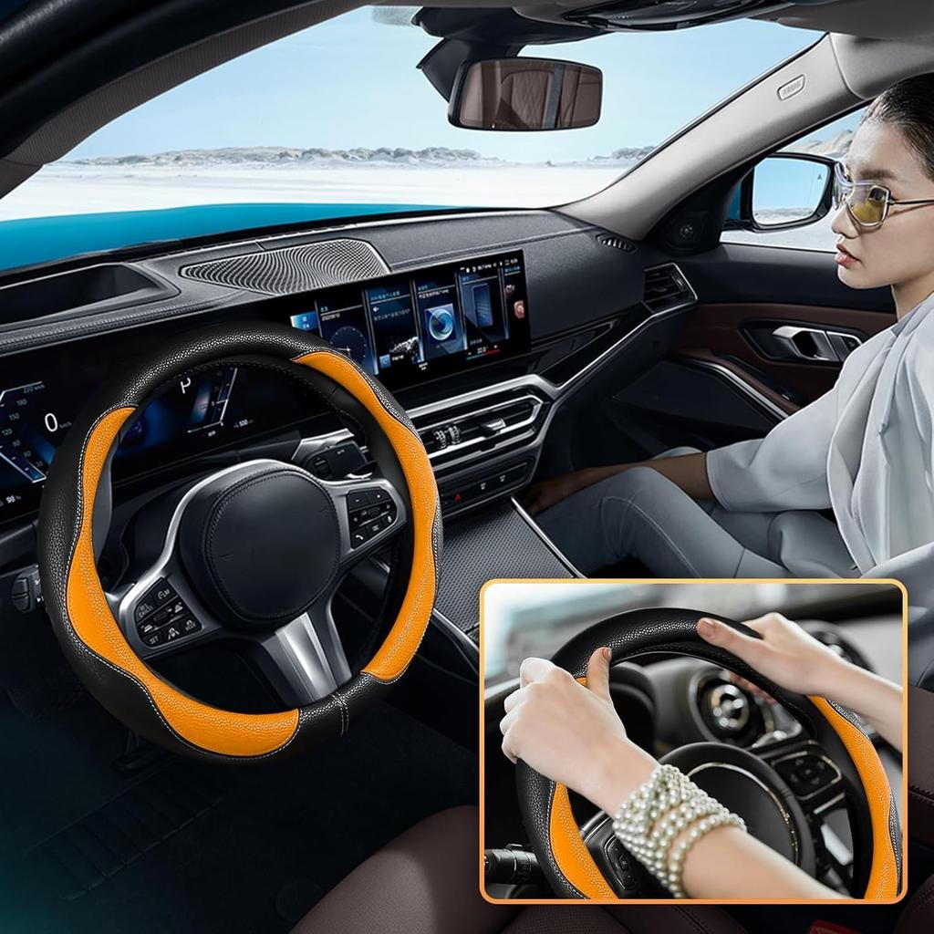 Car Steering Wheel Cover 2025, Universal Auto PU Cute Breathable Orange