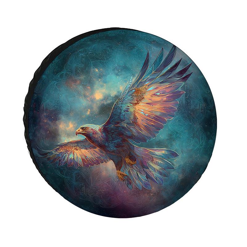 Polyester Fiber Car Tire Cover Featuring A Fantastical Eagle Design With A Starry Sky And Nebula, Adorned With Gradient Blue, Pu