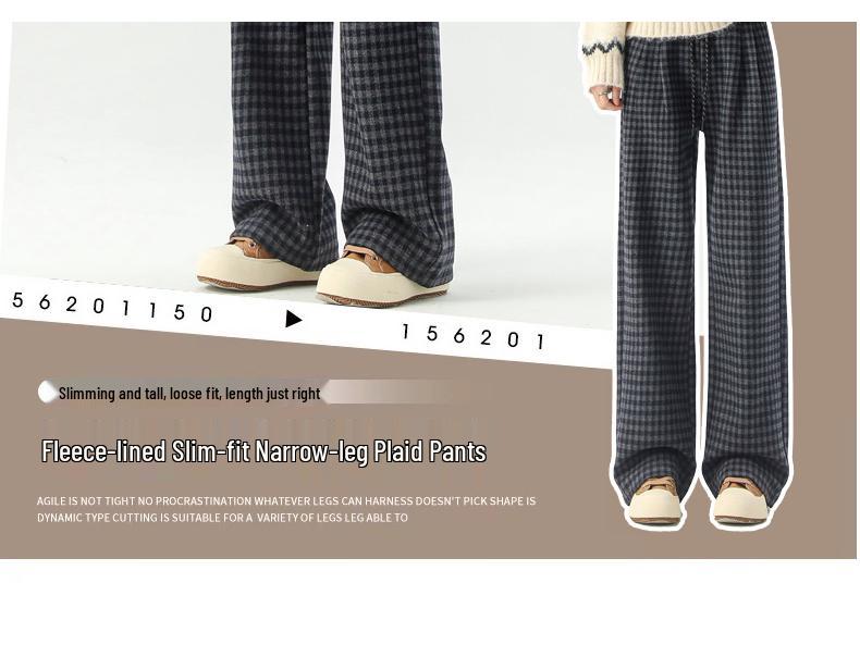 Zhengzhou Women's High Waist Retro Plaid Pants: Autumn/Winter Loose Slim Fit, Straight/Wide Leg, Fleece 2697.