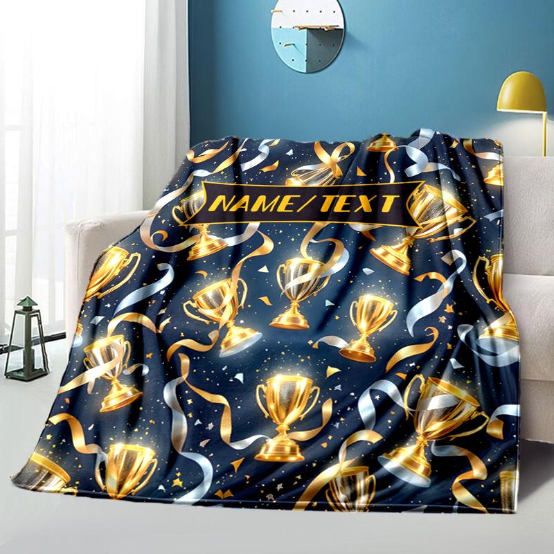 1PC Custom Name Golden Trophy Celebration flannel blanket versatile,all-season throw suitable for the living room,bedroom,camping,travel,and gift