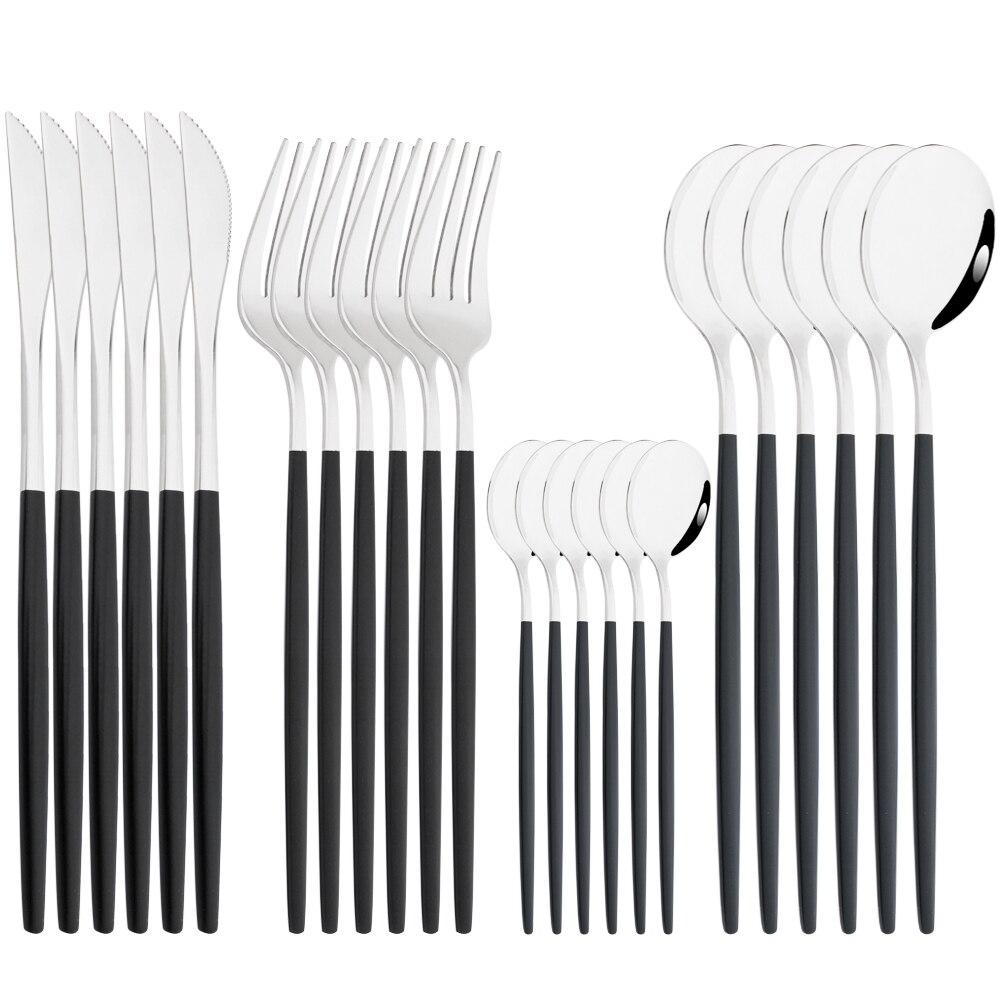 Mirror 24pcs Dinnerware Set Western Stainless Steel Cutlery Set Black Fork Spoon Silverware Set Knife Flatware Set Tableware Set