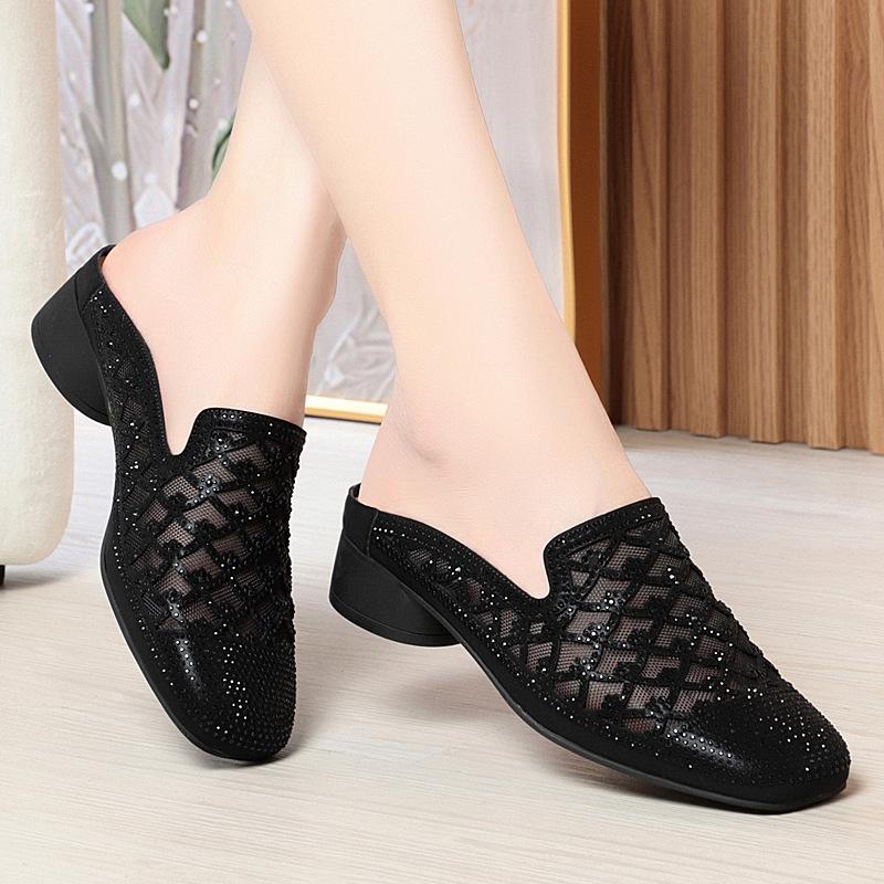 Summer 2025 Fashion Rhinestone Close Head Cutout Slippers Women Mules Breathable Slingback Soft Bottom Casual Shoes