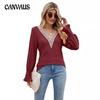 Spring and Autumn Women's T-shirt Tops Jacquard Chiffon Shirt Lace Stitching Long Sleeve Loose V-neck Blouse for Women