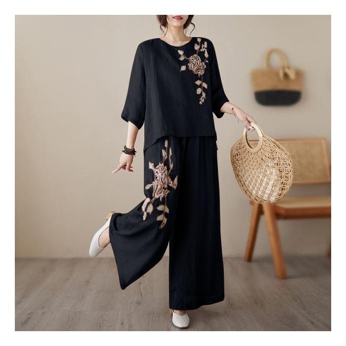 Женская модная хлопково-льняная блузка 2 шт. Корейский женский костюм-двойка с вышивкой Летний женский большой размер 4XL Брюки с широкими штанинами