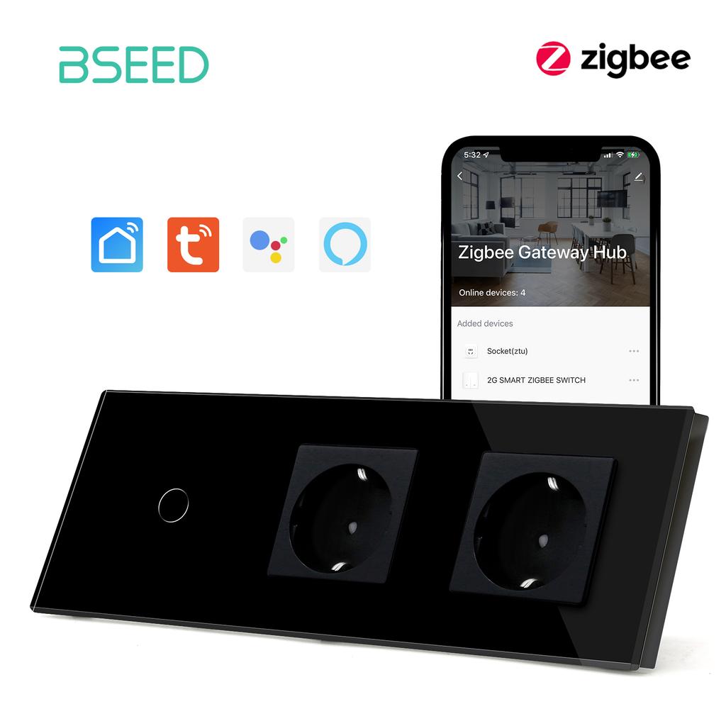 BSEED Zigbee настенные сенсорные выключатели 1/2/3 клавиши с обычной EU розеткой и портами USB Type-C, управление через приложение Tuya Smart Life, стеклянная панель