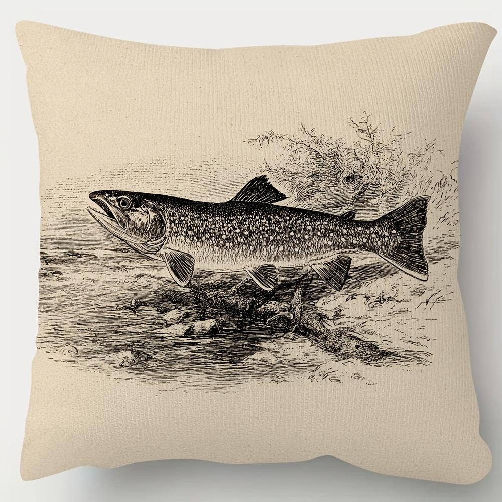 1pc Pillowcase, Retro Trout Fish Illustration Pillowcase, 45.72 X 45.72 cm, Soft And Smooth Texture Polyester Short Plush Fabric, Single-Sided Printed