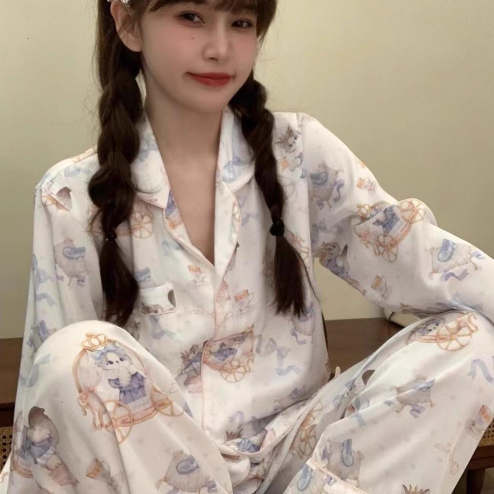 Spring and Summer Girls Cute Kitten Printed Ice Silk Long Sleeve Pajamas Women's Cardigan Trousers Home Clothes Suit