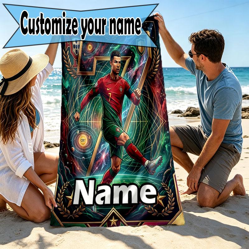 Custom Name Personalized Cristiano Ronaldo Print Beach Towel, for Trip Camping Beach Party Home Decor, Birthday Gift for Family & Friends