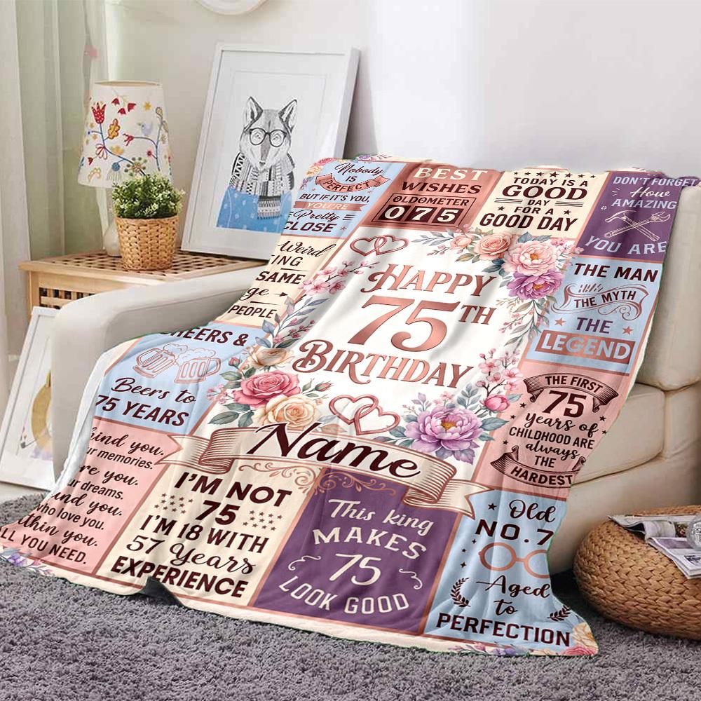 75Th Birthday Celebration Blanket Personalized Name Soft Warm And Versatile For Sofa Bed Office And Travel Machine Washable Comfortable In All Seasons