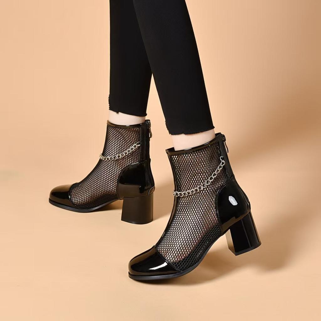 Cool Boots Women's Spring and Summer Black Thick Heel High Heel Fashion Shoes Niche Personality Hollow Chain Shoes