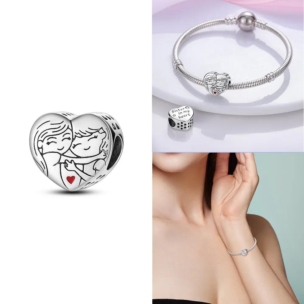 Розовый Шарм Сердце Любви Семьи Оригинальные Медные Бусины Подходят для Браслета Пандора Сделай Сам Сестра Мама Дружба Подвеска Изысканное Подарочное Ювелирное Изделие