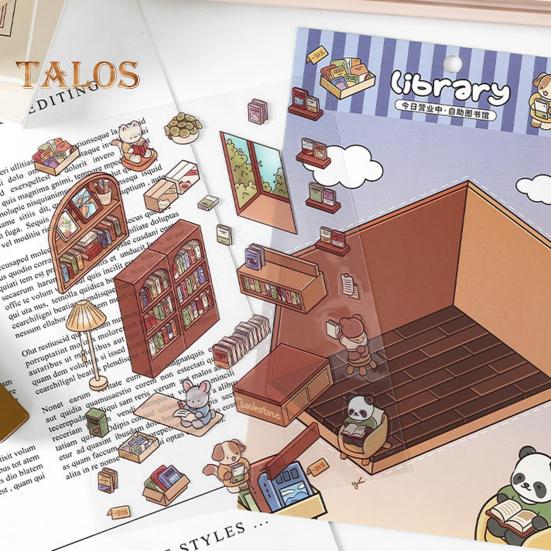 4 Set 3D DIY House Scene Stickers Stress Relief Decals Supermarket Coffee Shop Bookstore Sun Room Library Tear-resistant Surface Stickers