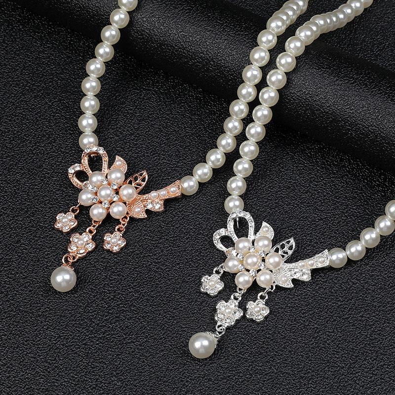 1 Set Women Necklace Beaded Glossy Faux Pearls Rhinestone Embedded Flower