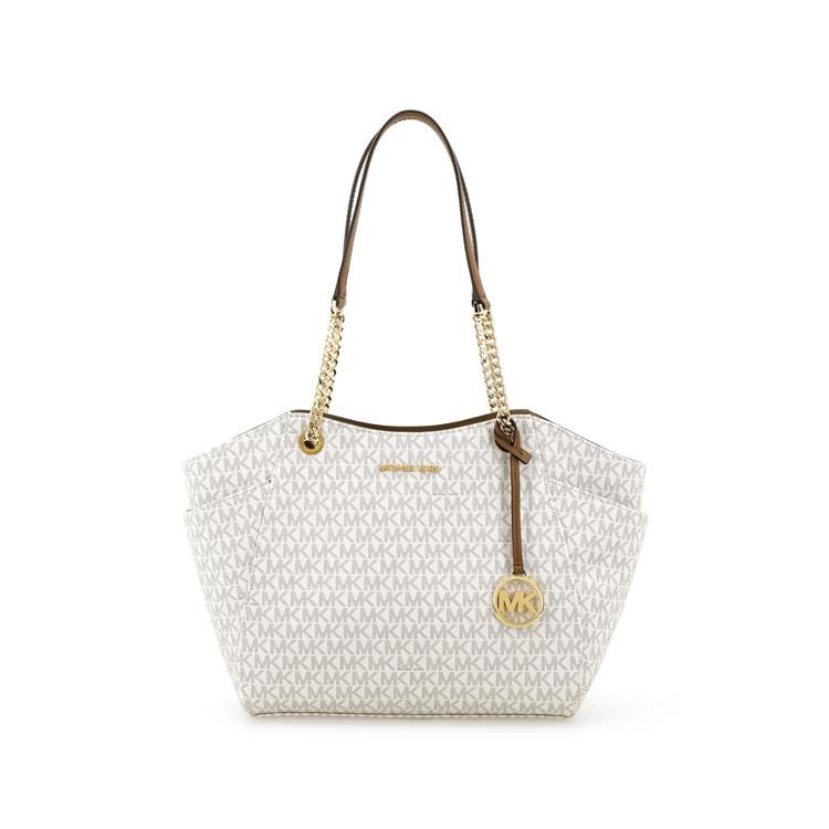 Michael Kors MK Jet Set Сумка-тоут женская с цепочкой, монограмма, большой логотип, ПВХ, Ванильно-белая 35F8GTVE7B-VANILLA