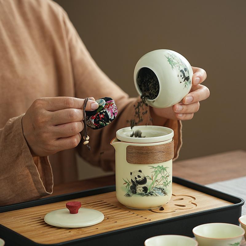 Travel tea set Ru kiln panda set Kuaike cup portable outdoor business trip Kung fu teapot teacup business gift
