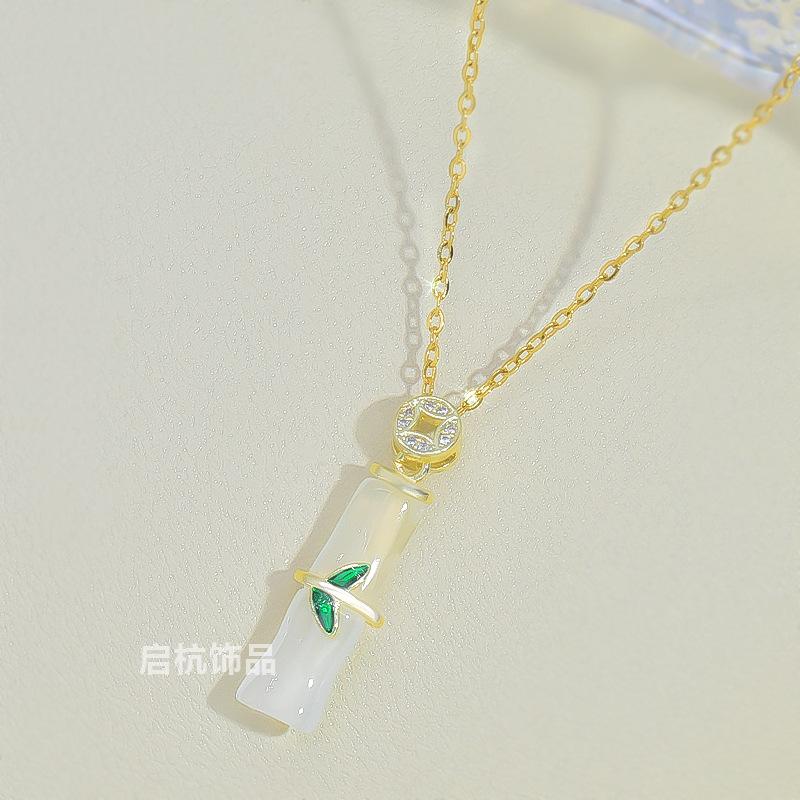 Бамбуковое ожерелье женское Guochao ретро легкая роскошь премиум натуральный нефрит Хэтянь кулон аксессуары