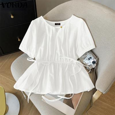 Женские повседневные топы с коротким рукавом, однотонные, со шнуровкой на талии, свободные блузки