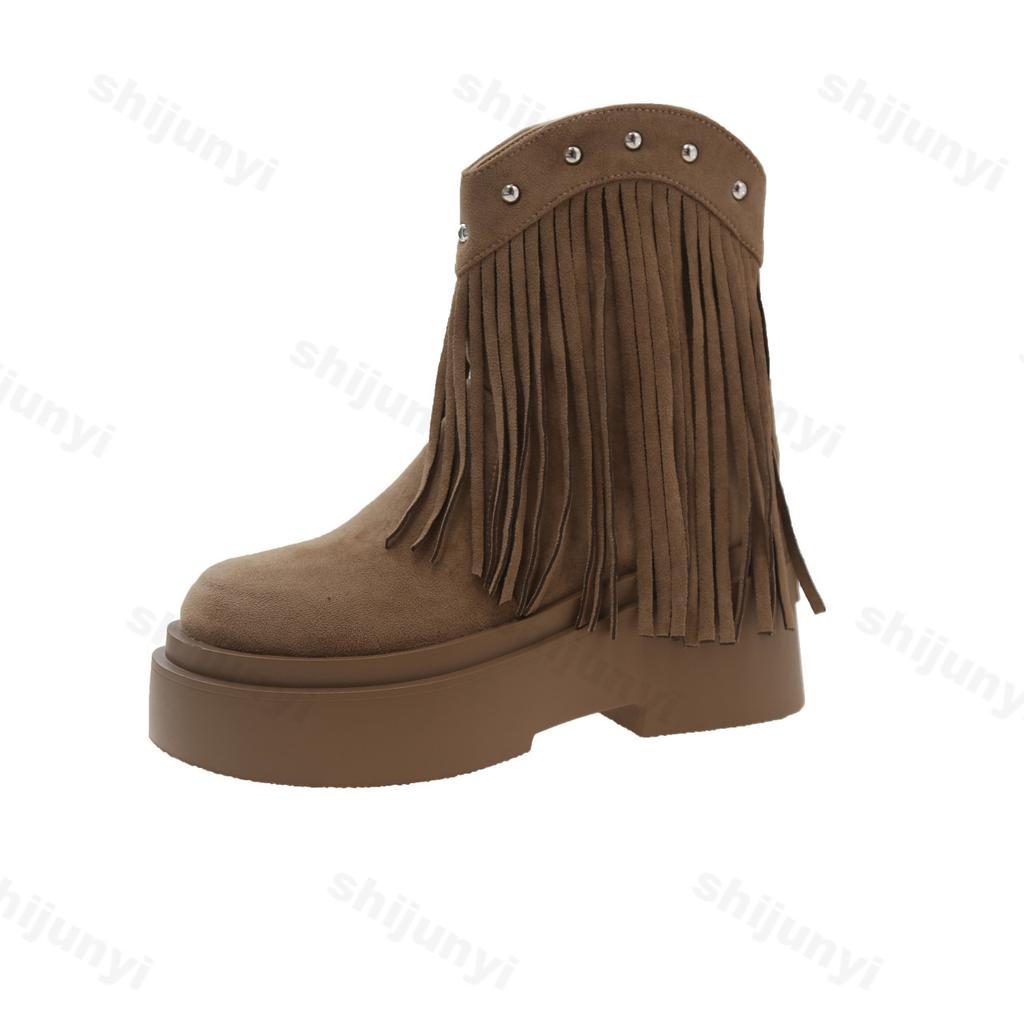 Ботинки на платформе с кисточками для женщин Зимние одинарные женские ботинки из коровьей замши с круглым носком и толстым каблуком Короткие женские ботинки в стиле ретро