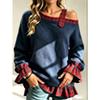 Women S Vintage Plaid Color Block Off Shoulder Flared Sleeve Loose Pullover Hoodie