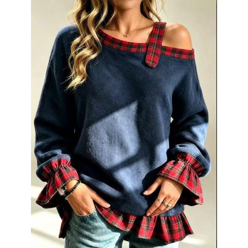 Women S Vintage Plaid Color Block Off Shoulder Flared Sleeve Loose Pullover Hoodie