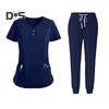 2Pcs/Set Unisex Hospital Uniform Set V-neck Short Sleeve Pockets Tops Elastic Waist Pants Set Quick Drying Hospital Dental Nursing Scrubs Uniforms