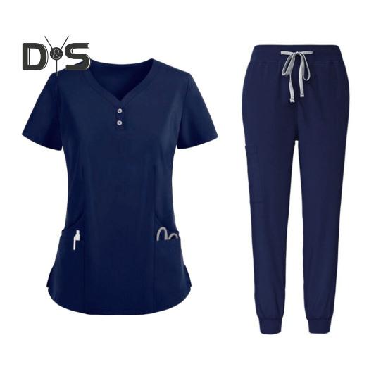 2Pcs/Set Unisex Hospital Uniform Set V-neck Short Sleeve Pockets Tops Elastic Waist Pants Set Quick Drying Hospital Dental Nursing Scrubs Uniforms