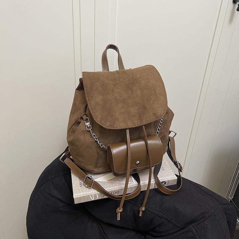 Solid Color Faux Suede PU Chain Commute Backpacks Fashi Casual Youth Sweet Vintage Style Thicken Women's Schoolbags