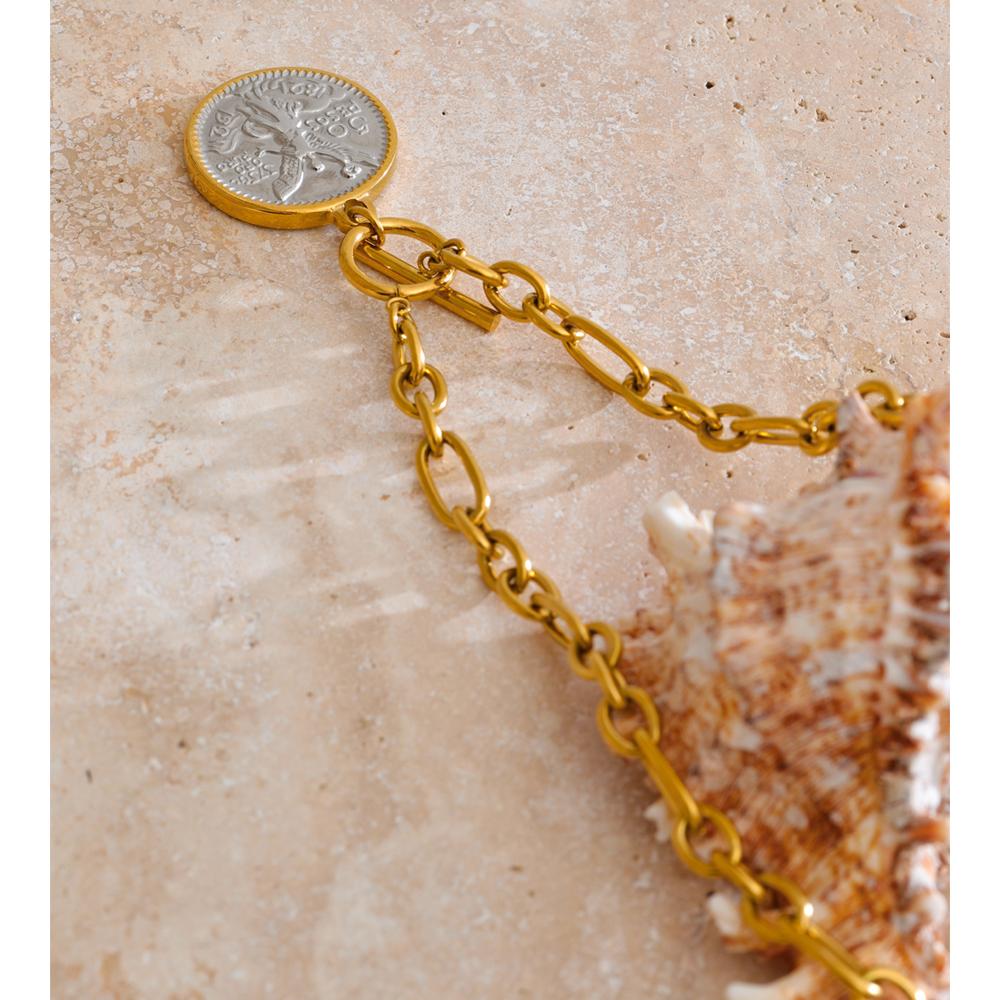 Eetit Round Double Sided Angel Pendant Drop Necklace Stainless Steel Golden Chain Toggle-Clasps Statement Jewelry Waterproof