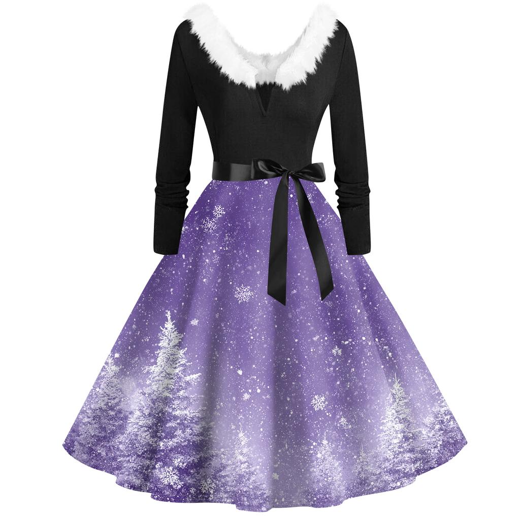 Женская мода с v-образным вырезом, повседневные тонкие рождественские платья с воротником из волос и длинными рукавами с принтом