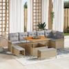 9-piece Garden Sofa Set with Beige Poly Rattan Acacia Cushions, Two-seater Garden Sofa with Cushions 3362147