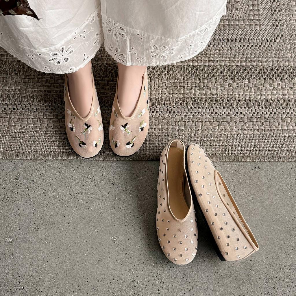 Krazing Pot Air Mesh Sheep Skin Flat with Crystal Beading Round Toe Jelly Shoes Embroidery Summer Size 42 Women Flats