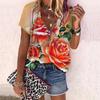 Женский топ, летний новый модный топ с цветком розы, повседневный топ с короткими рукавами и застежкой-молнией с v-образным вырезом и ярким розовым принтом