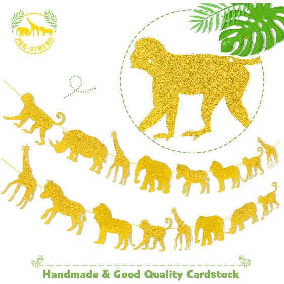 Jungle Safari Animal Banner Gold Glitter Zoo Garland Baby Shower Child Kids Boy Girl Birthday Party Supplies Decorations PRE Strung 2 PCS