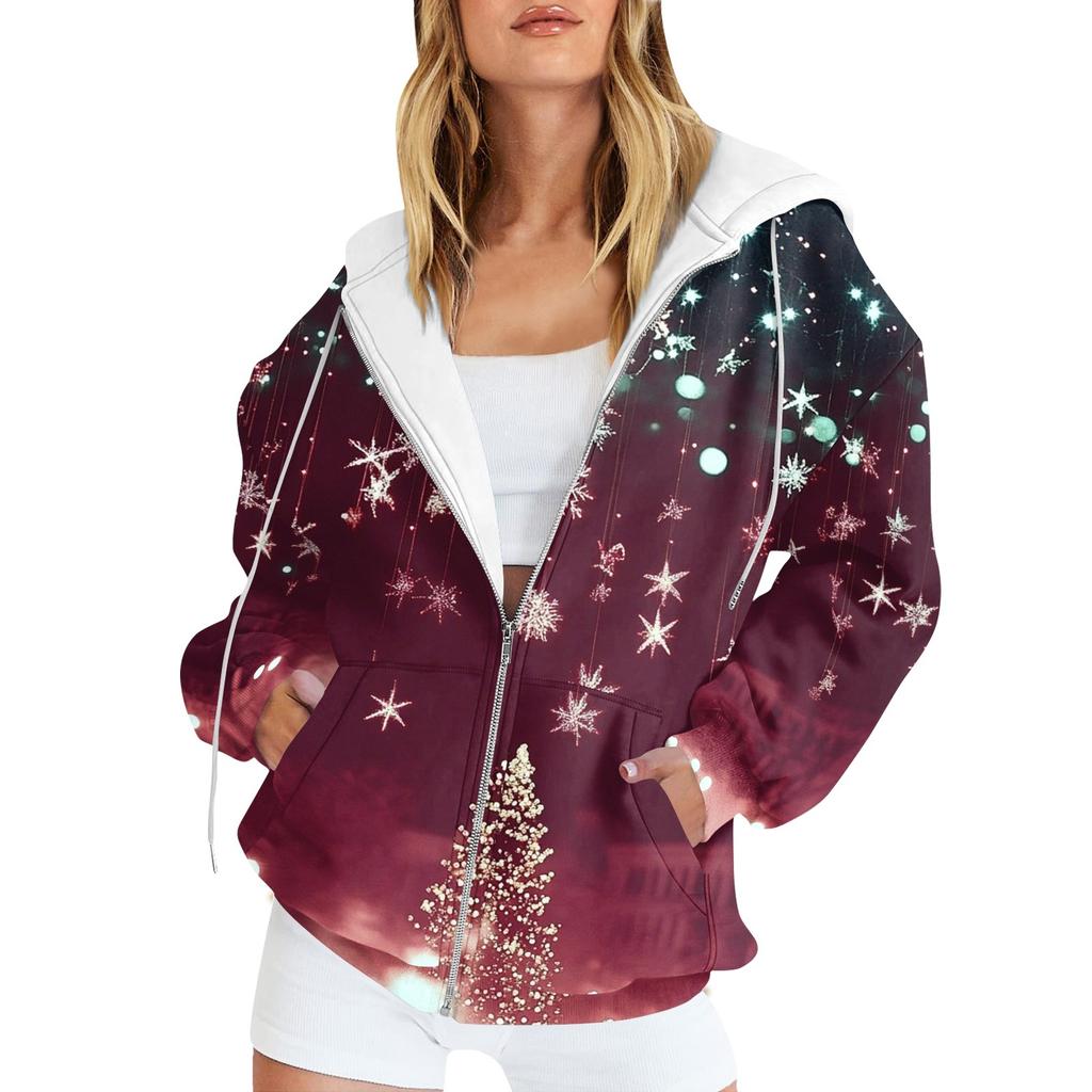 Женская мода повседневная рождественская принтовая толстовка зимняя с длинным рукавом кардиган куртка с карманом на молнии толстовка с капюшоном куртка