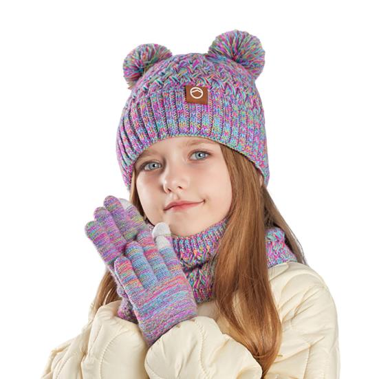 Kids Winter Hat Gloves Scarf Set Cold Weather Knitted Bear Hat with Pom Fleece Lined Neck Warmer Mitten Set for Girls Boys Ages 4-10