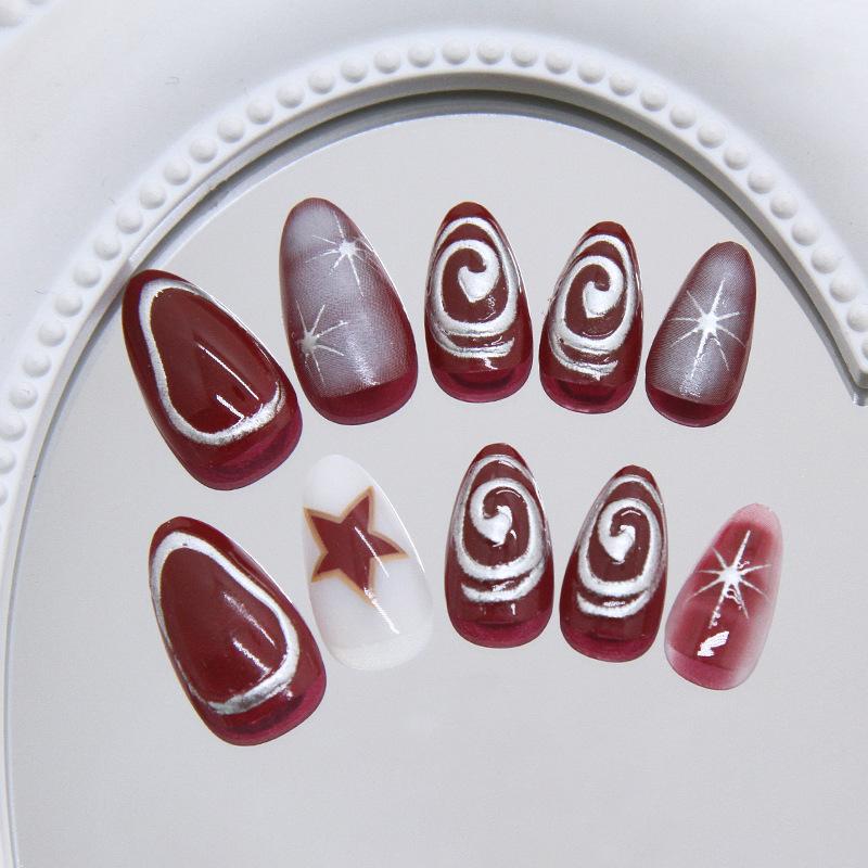 24pcs Red Star Print Fake Nails Sweet Cool Short Almond Press on Nail for Women Wearable Detachable Spice Girl False Nails