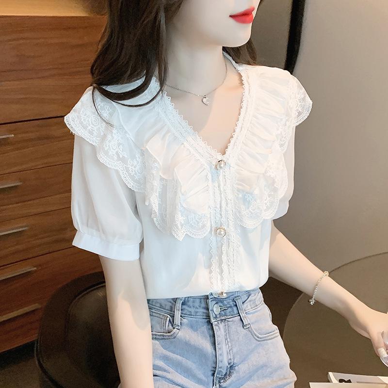 Women's V-Neck Ruffle Lace Chiffon Blouse - Summer 2025 Collection