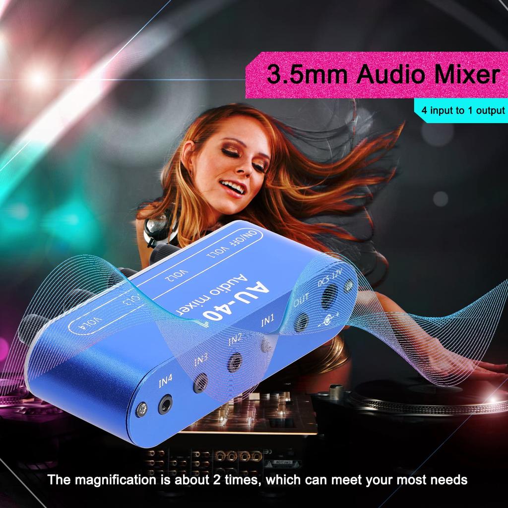 ERYUE 4 Input to 1 Output Stereo Audio Mixer with 4 Inputs and 1 Individually Controlled Sound Mixing Tool with Headphone Amplifier 3.5mm Output,