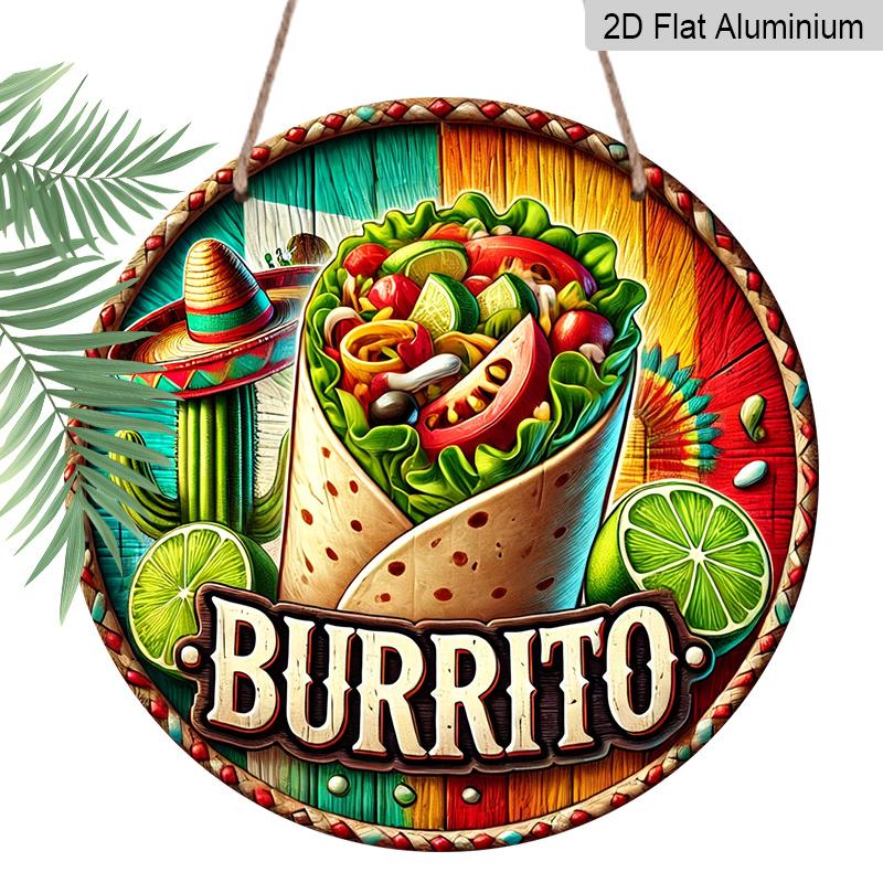2D Flat, 1pc Mexican Burrito Metal Wall Art Sign - Vibrant 2D Flat Print Round Iron Decor with Pre-Drilled Holes, Traditional Sombrero & Cactus