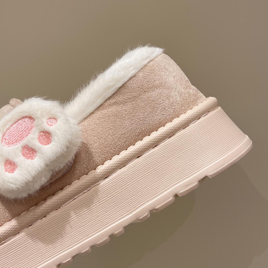 Cute Cat Paw Cotton Snow Boots Shoes with Winter Velvet Thick Sole Indoor Outdoor Shoes ForWarm Round Toe Ankle Boots