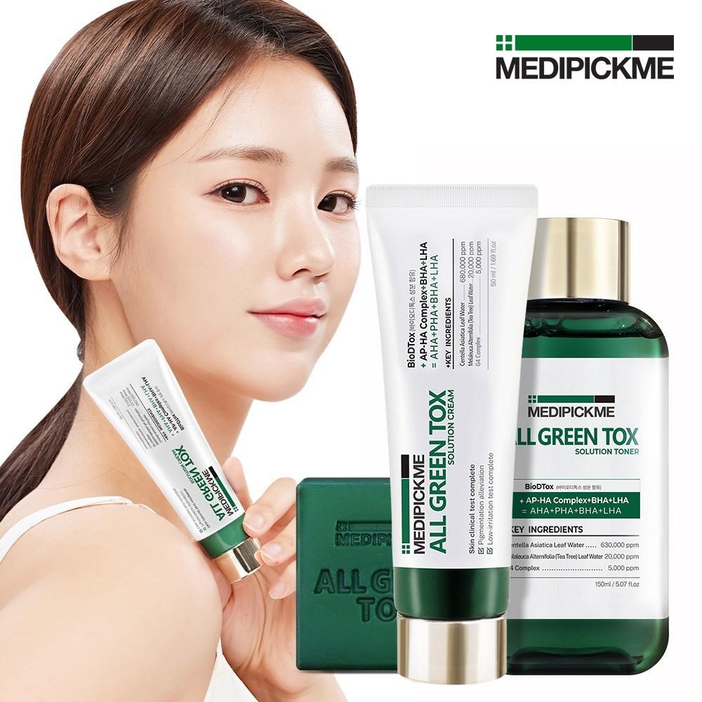 Набор из 3-х предметов для лечения токсинов Medipick Me All Green (Очищающее мыло + Тоник + Крем) Подходит для использования на коже, склонной к акне. Cica Tea Tree BHA