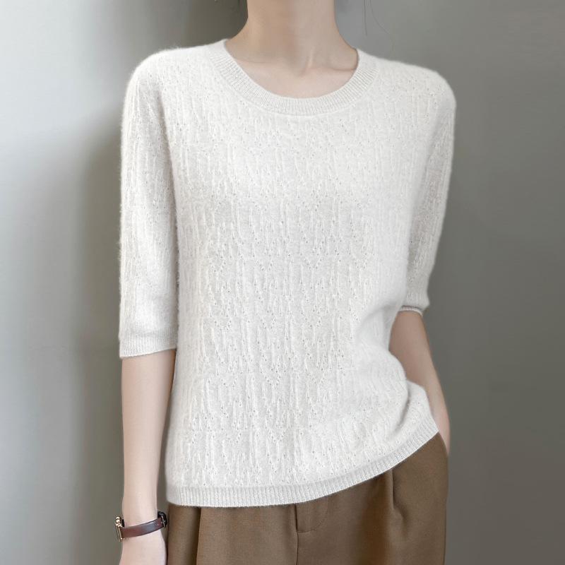 Весенний новый вязаный свитер женский с коротким рукавом, пуловер с круглым вырезом, тонкий топ с рукавом три четверти, больших размеров, базовая футболка