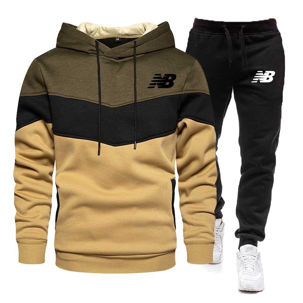 Men's Color-Block Hooded Sweatshirt & Sweatpants Set for Spring and Autumn
