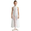 Kids Girls Lyrical Dance Dress Sleeveless Keyhole Back Applique Bodice Split Mesh Maxi with Built-in Briefs for Stage Performance Competition
