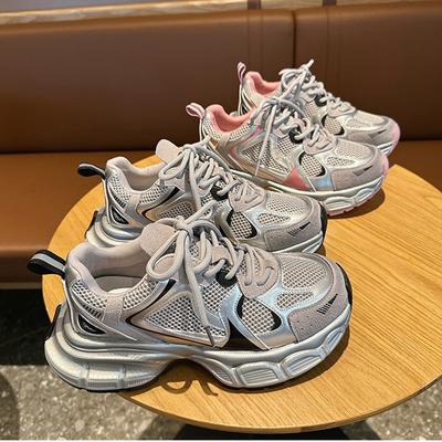 Весенние новые кожаные туфли на толстой подошве с круглым носком, сетчатые повседневные туфли, серебристые контрастные спортивные туфли с круглым носком