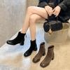 French Square Head Thin Boots Women's Spring and Autumn New Fashion Temperament Splicing Suede Retro Thick Heel Soft Sole Short Boots